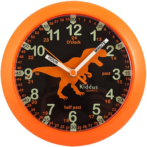 Kiddus Wanduhr Kinder & Lernuhr, 20cm Uhr für Kinderzimmer, Jungen & Mädchen, Lautlos ohne Ticken, Markierte Zeiger (Stunde & Minute), Pädagogisches Design - 03 Dino EN 20cm