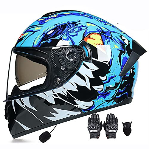 Letetexi Casco Moto Integral ECE Homologado Bluetooth Integrado Casco Modular Moto con Doble Visera Casco Moto Scooter Built In MP3 Guantes Máscara Casco Motocross para Mujer Hombre 55~62cm