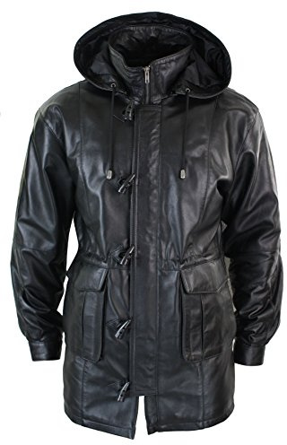 TruClothing Mens 3/4 Long Real Leather Duffle Jacket Coat Safari Detachable Hood Classic