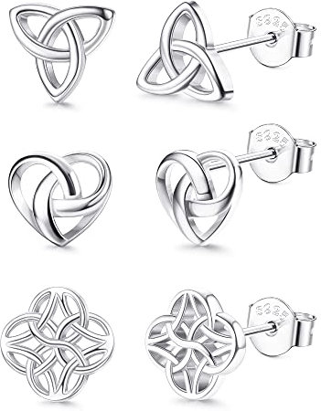 ORAZIO 3 Paires de Boucles d'oreilles Argent Sterling 925 Boucle d'oreille à Tige Hypoallergéniques à la pour Femme Ensemble de Set Boucle d'oreille Femme en Forme de Cœur avec Nœud Celtique Trinity