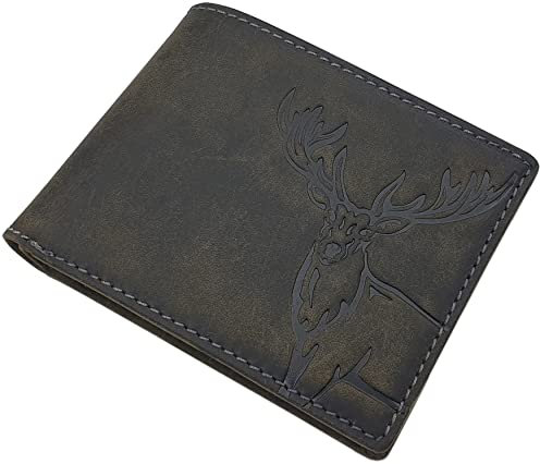 Echt Büffel-Vollleder Geldbörse / Geldbeutel / Portemonnaie / Geldtasche in Hoch- oder Querformat mit Hirsch-Motiv mit RFID & NFC Schutz (Modell 2 / Querformat / Vintage-Grau)
