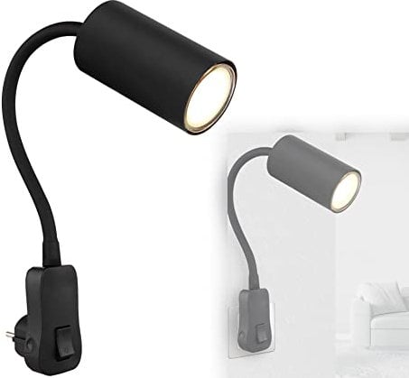 bmf-versand® Steckdosenlampe mit Schalter - Wandleuchte Innen Kinderzimmer mit Stecker - Steckerleuchte Schwarze Wandlampe Schlafzimmer für Steckdose - Leselampe Schwarz GU10