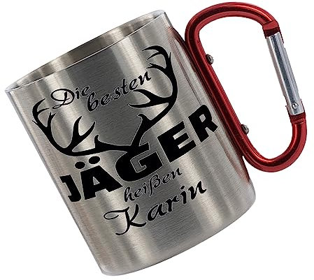 Edelstahltasse mit Karabiner 'Die besten Jäger heißen Wunschname' Tasse bedruckt, Kaffeetasse, Bürotasse, Metalltasse mit Name