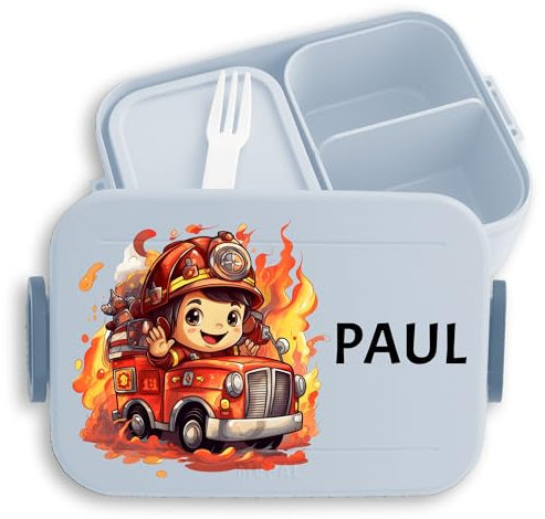 Bento Box Midi Lunchbox für Mepal Bentobox - Feuerwehrjunge Feuerwehr Junge Kinder - 900 ml - Hellblau - brotdose name krippen brotzeitbox feuerwehrauto kindergarten geschenke fächern