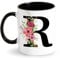 Tasse avec Lettre Tasse à Café Alphabet Tasse avec Initiale et Motif Floral Tasse Personnalisé Mug Noire Cadeau pour Dame, Femme, Maman, Amie, Cadeau pour Anniversaire, Fête des Mères (R)