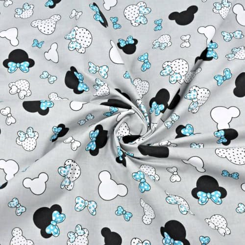 Textrend Baumwollstoff Stoffe Meterware - Stoff zum Nähen - 100% Baumwolle - Textilien 1x1.6m - Stoff mit Mickey-Muster (MIKI klein schwarz und türkis mit Schleife auf grauem Hintergrund)