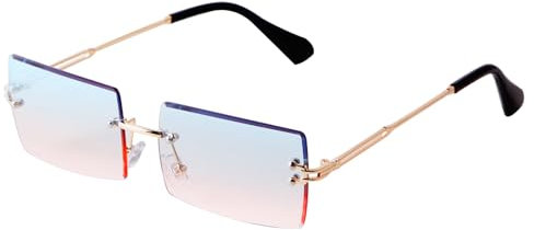 Laurinny Rechteck Randlose Sonnenbrille Herren Rechteckig Brille Viereckig Rahmenlose Sonnenbrille für Frauen Männer(Gold/Blau Rosa)