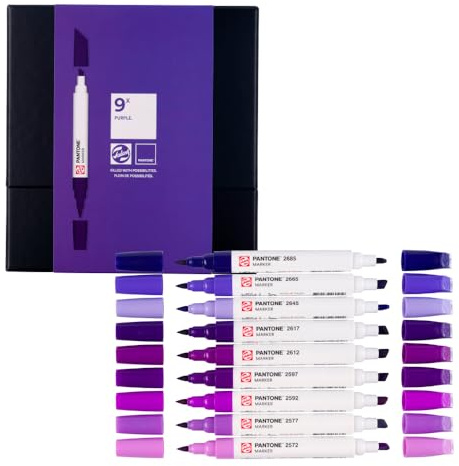 Talens | Pantone Marker 9er Set Purple | Dual-Tip-Stift mit Pinselspitze und Keilspitze | Wasserbasierte, pigmentierte Tinte in Pantone-Farben