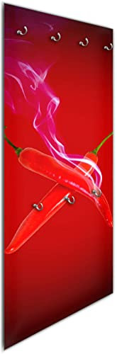 Wallario Wandgarderobe aus Glas in Größe 50 x 125 cm in Premium-Qualität, Motiv: Rauchende Chili-Schoten im Duo vor rotem Hintergrund | 7 Kleiderhaken zum Aufhängen von Jacken
