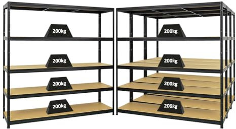 PROREGAL Mega Deal 4er-Set Schwerlastregal Giant Elephant 180x180x45cm mit 5 Ebenen Fachlast 200kg Schwarz, Kellerregal, Steckregal, Garagenregal, Lagerregal