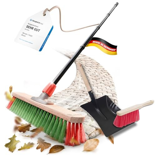 Novaliv Balai de jardin avec manche, 40 cm, poils élastiques, avec balai galvanisé avec lèvre en caoutchouc composé d'une pelle et d'une balayette à main Idéal pour la route, la terrasse, la cour,