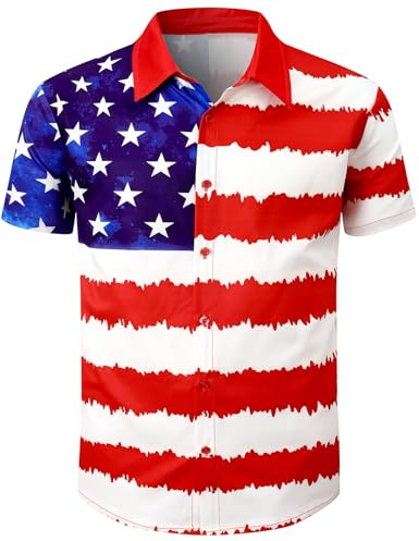 Fashonal Men's 4th of July Shirt American Flag Texas Flag Button Up Hawaiian Short Sleeve Party Shirt, American Flag, Medium