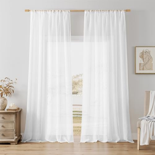 Softalker Gardinen Vorhang Weiß 260 cm Extra Lange Gardine und Vorhänge Gardinen Wohnzimmer Modern 140 cm Breit Schlaufenschal 2er Set Voile Curtains Living Room für Gardinenstange Ohne Bohren