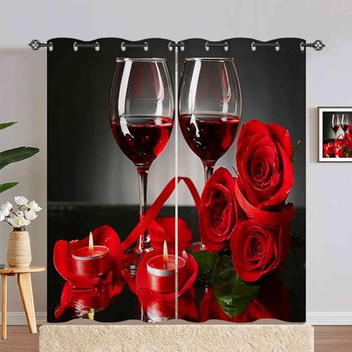 ANHOPE Romantisch Rote Rose Blume Wein Blickdichte Gardinen mit Ösen Weich Thermo Vorhänge Wohnzimmer Schlafzimmer Verdunklungsvorhänge 2er Set H 229 x B 140 cm