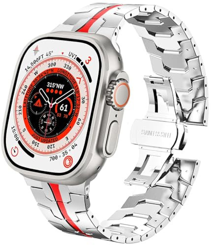 DEALELE Strap Compatible with Apple Watch 49mm 45mm 44mm 42mm, Thin Iron Man Stainless Steel Metal Replacement Bands for iWatch Series 9/8 / 7/6 / 5/4 / 3 / SE/Ultra Women Men, Silver-red