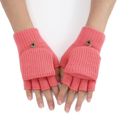 GIBZ Guanti da Donna Lavorati a Maglia Guanti Senza Dita Termici e Morbidi con Copertura per Invernali, Rosa Cipria