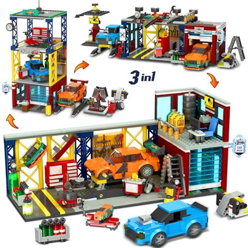 HOGOKIDS City Car Garage Kit de construction de garage 1022 pièces 3 en 1 atelier de réparation automobile, station-service, bloc de construction de lavage de voiture avec 2 voitures personnalisées,