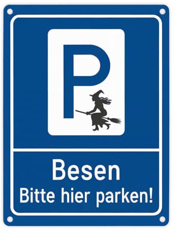 Hexebesen - Bitte hier parken Metallschild in 15x20 cm Auffälliges blaues P-Symbol Hexe mit Besen parken humorvoll