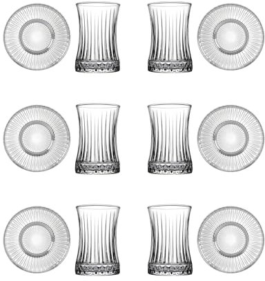 Pasabahce Elysia Türkische Teegläser Set 170 ml 12-teilig (6 Personen Set), Türkische Teegläser Mit Untertasse, (6 Teeglaser - 6 Untertasse)