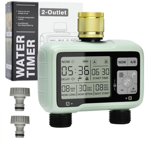 Johgee Irrigazione computer 2 uscite con ingresso in ottone, orologio digitale per irrigazione con ritardo della pioggia, controllo automatico/manuale dell'irrigazione, timer da giardino