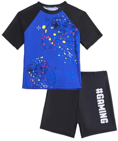 COYBTO Boys Swimming Costume, Boys Swimsuit Set 2Pcs - Quick Dry UPF 50+ UV Protection Swim Top Rash Guard & Trunk with Short Sleeve for Gamer Kids 6 7 8 9 10 11 Years