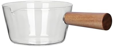 Guoyoocc Cacerola de Vidrio,Cuencos de Vidrio Olla,Olla de Vidrio para Leche,con Mango de Madera Cacerola de Cristal a Prueba de Calor