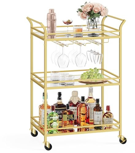 VASAGLE 3-Tier Drinks Trolley, Gold Bar Serving Trolley on Wheels, with Mirrored Glass Shelves, for Small Spaces, Kitchen, Dining Room, Living Room, Home Bar, 38 x 60 x 92 cm, Gold LRC100A01