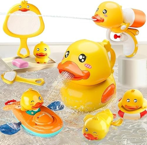 Badespielzeug-Set für Kinder, 7-teilig, Gelbe Enten mit Wassersprüher, Spiegel und Boot