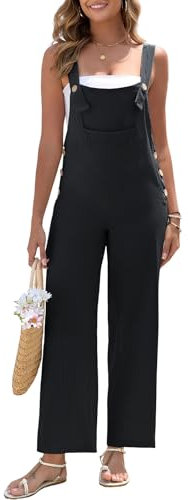 HOTIAN Salopette da donna in lino, estivo, elegante, in lino, lungo, casual, con grandi tasche, Nero , XXL