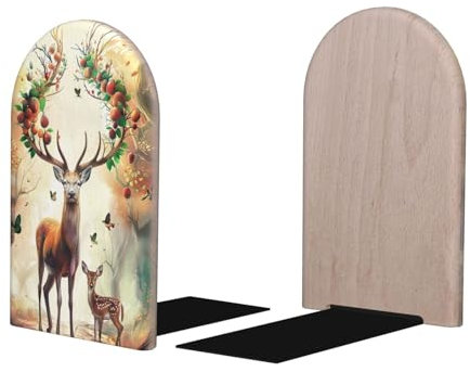 Mexpekil 1 paire de serre-livres en bois de cerf pour étagères, support de livre robuste, organiseur antidérapant pour bureau, bibliothèque pour lecteurs