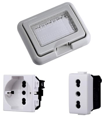 Kit Placca Scatola 503 Premontato IP55, Presa Schuko P40 + Presa Bipasso 10/16A, Compatibile Con Bticino Matix, Placca Stagna Idrobox Incasso Da Esterno