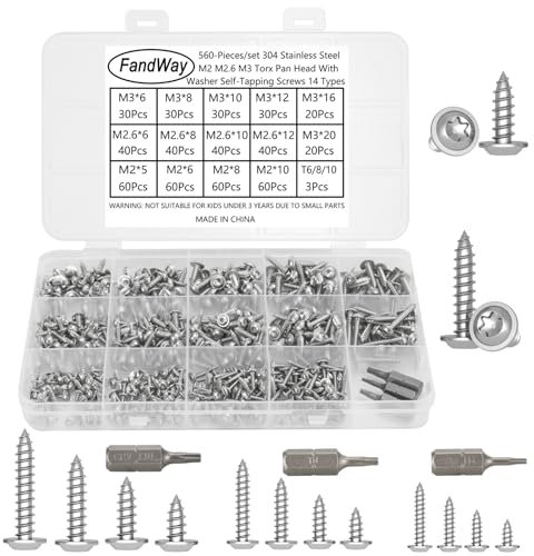 FandWay 560 Pcs Torx Self Tapping Screws 304 Stainless Steel,M2 M2.6 M3 Small Wood Screws Kit,Washer Head Torx Security Anti-Theft Screw,Truss Head Self Drilling Sheet Metal Screw Star Drive.