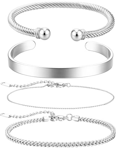 JeweBella 4Pcs Stainless Steel Bracelet for Men Adjustable Chain Bracelet | Open Cuff Bracelet, Stackable Bangle Bracelet Set, Mens Bracelets Jewellery Silver/Gold/Black