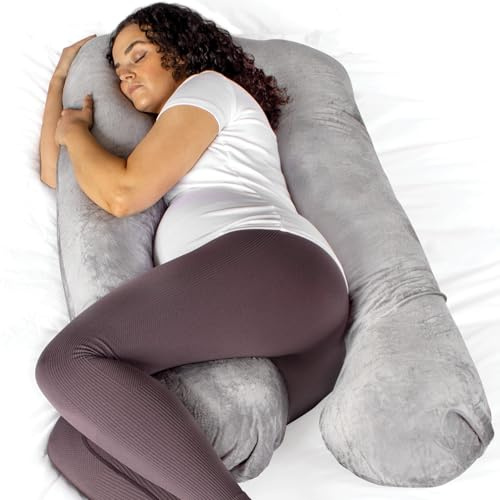 Aamira U Shaped Pregnancy Pillow, Memory Foam, Velvet Cover, Light Grey