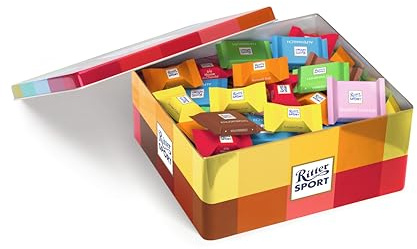 Ritter Sport Geschenkdose, 56 Mini Tafeln & 72 Schokowürfel, bunte Mischung aus beliebten Sorten, ideale Geschenkidee für Familie, Freunde & Kollegen, 1495g