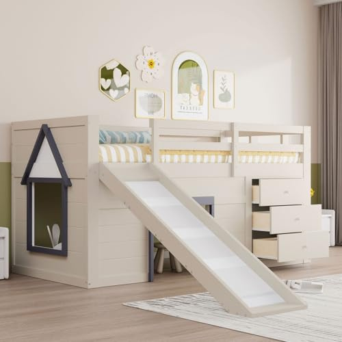 ZHOMGG Lit Mezzanine 90x200 cm, Toboggan, 3 Tiroirs, Structure en Bois, Beaucoup d'Espace sous Le Lit, pour Chambre d’Adolescent, Crème(sans Matelas)