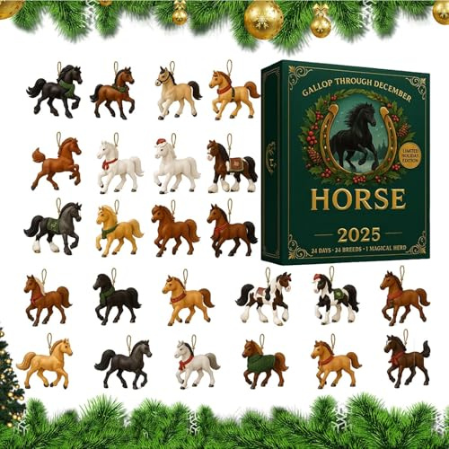 Adventskalender 2025, 24 Tage Countdown-Kalender, Weihnachten, Horse, 24 Weihnachtsbaum-Dekorationen aus Acryl, 2D, für Wand, Weihnachtsbaum, Sammler, Reitliebhaber