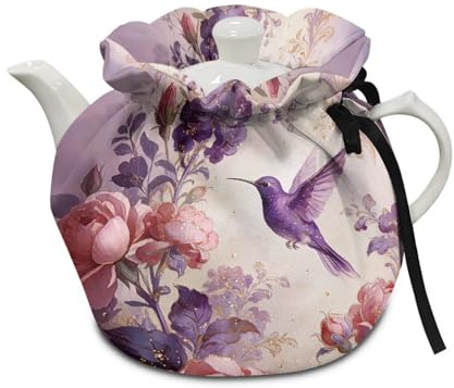 Poceacles Tea Pot Cover Tea Cosy for Large Teapot Kitchen Kettle Dust Cover with Cotton Pad Machine Washable, Home Indoor Kitchen Decor, Violet Hummingbird Flower