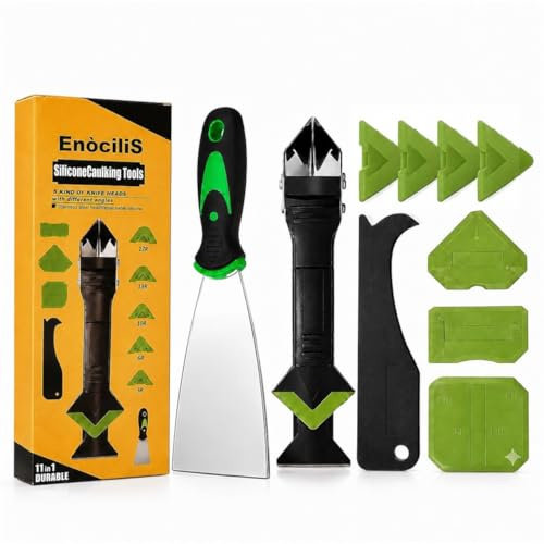 Caulking Tool Set EnociliS 11-in-1 + Shovel,Silicone, Sealant Finishing Tool with Stainless Steel Head, Scraper for Bathroom, Kitchen, Windows Caulk Remover, Kitchen,Floor,Window,Sink Joint,Frames