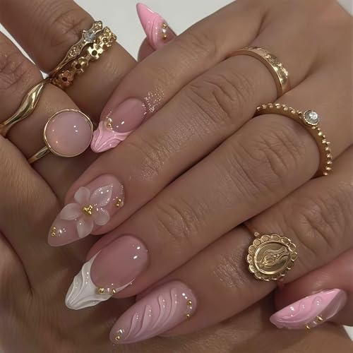 Tastetreasure 24Pcs 3D Floral Press on Nails, French Tip Almond False Nails with Gold Beads & Pearl Accents, Elegant Pink Gradient Glue on Nails Kit with Jelly Glue and Nail File