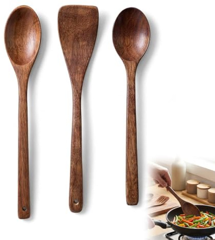 Guttiuaa 3Pcs Wooden Spoon for Cooking, Wooden Kitchen Utensil Spatula Spoons for Serving Baking Stirring