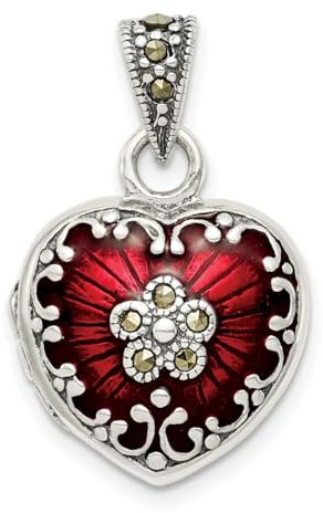 Sterling Silber rot emailliert Markasit Herz Medaillon - 1.59 cm X 1.91 cm - JewelryWeb