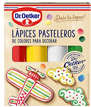 DR. OETKER - 4 Lápices Pasteleros de Colores, para Repostería, Color Amarillo, Rojo, Verde y Blanco, Decorar Tartas, Galletas y Cupcakes, Fácil Aplicación