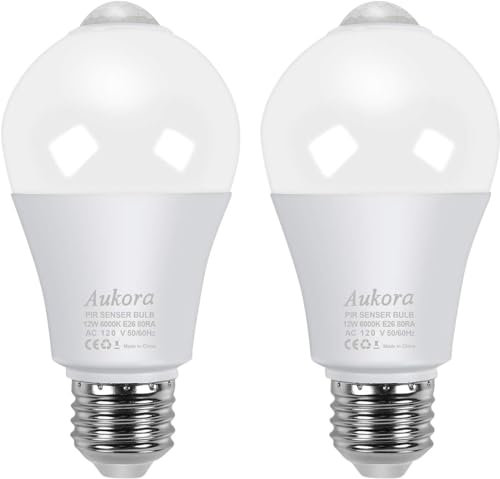Aukora Motion Sensor Light Bulbs, 12W (100-Watt Equivalent) E26 Motion Activated Dusk to Dawn Security Bulb Outdoor/Indoor for Front Door Porch Garage Basement Hallway Closet(Cold White 2 Pack)