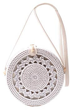 Ulisty Damen Handgefertigt Rund Hohl Geschnitzt Rattan Tasche Handgewebt Kreis Stroh Tasche Korb Sommer-Strandtasche Schultertasche Umhängetasche Weiß