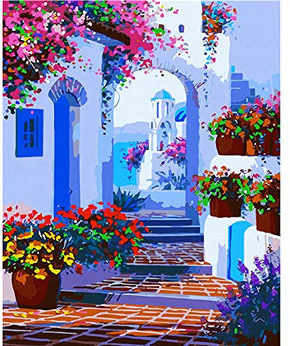ZHXXFD Peinture par Numéro 40x50CM Adulte Chemin des Fleurs Au Bord De La Mer Paysage DIY Peinture À l'huile Couleur Toile Acrylique Grand Format Art Cadeaux Enfant sans Cadre,Zhxx