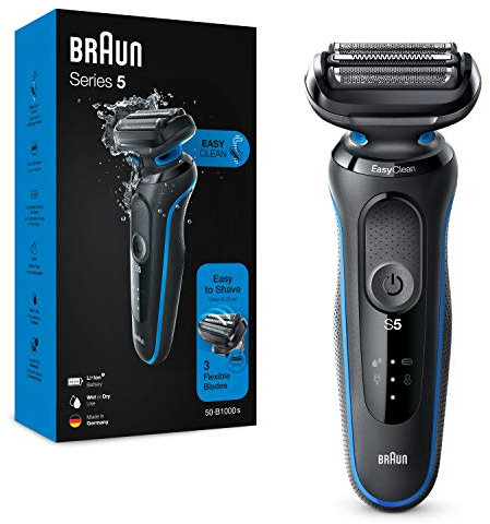 Braun Series 5s Rasierer Herren, Elektrorasierer mit 3 flexiblen Klingen, 50 Min Laufzeit, EasyClick Aufsätze, Wet&Dry, B1000s, blau