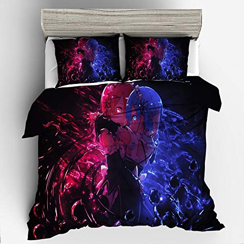 Wnmbmg Re Zero: Rem und Ram Jugendliche und Anime-Fan-Haushalt Bettwäsche 3-teiliges Set mit Reißverschluss, der japanischen Anime-Charaktere Druck 3D 1 Bettbezug, 2 Kissen Shams