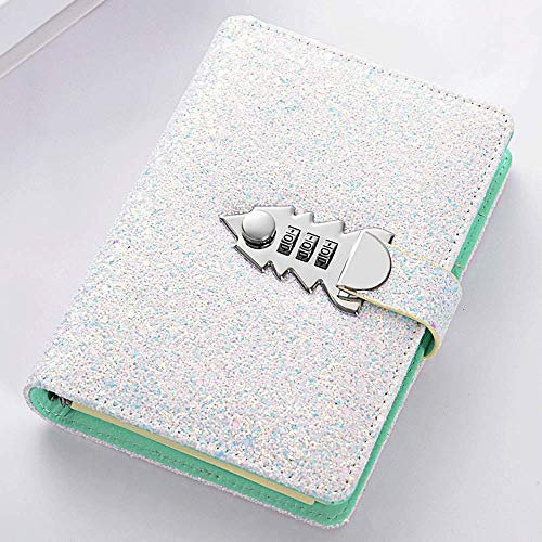 A6 Nachfüllbares Binder-Notizbuch, PU-Leder, abschließbar, Tagebuch, Tagebuch, Skizzenbuch, Tagesplaner, Agenda, Notizblock mit Code-Schloss, Stifthalter und Kartenfächern (Glitzer Weiß)