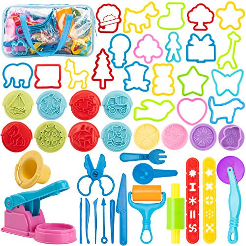 Maykid Dough Tools for Kids, 50Pcs Dough Tools Kit Include Assorted Colors Dough Accessory Molds Rollers Cutters Scissors and Storage Bag